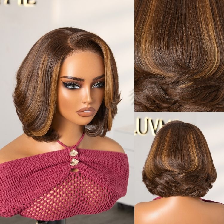 Atelier Custom Collection | 220% Density Chocolate Brown Highlight Layered Cut 4*4 Lace Glueless C Part 8 Inches Wig-02