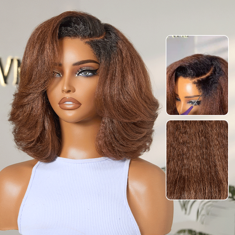 Atelier Custom Collection | 4C Edges | 180% Density Warm Reddish Brown Kinky Curly Bob Minimalist HD Lace Glueless Side Part Short Wig-01