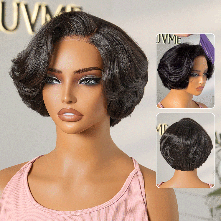 Atelier Custom Collection | 220% Density Natural Black Pixie Cut 4*4 Lace Glueless Side Part 8 Inches Wig-01
