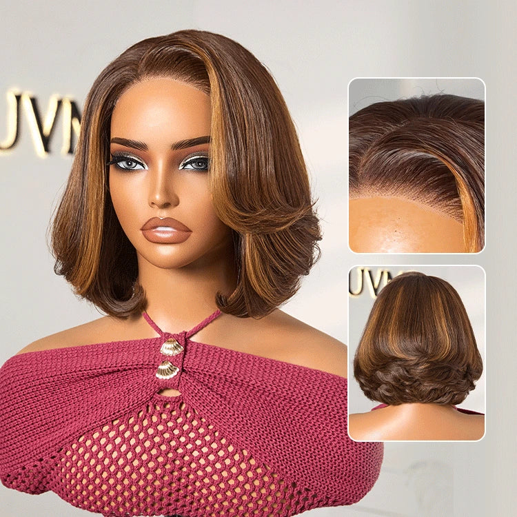 Atelier Custom Collection | 220% Density Chocolate Brown Highlight Layered Cut 4*4 Lace Glueless C Part 8 Inches Wig-08