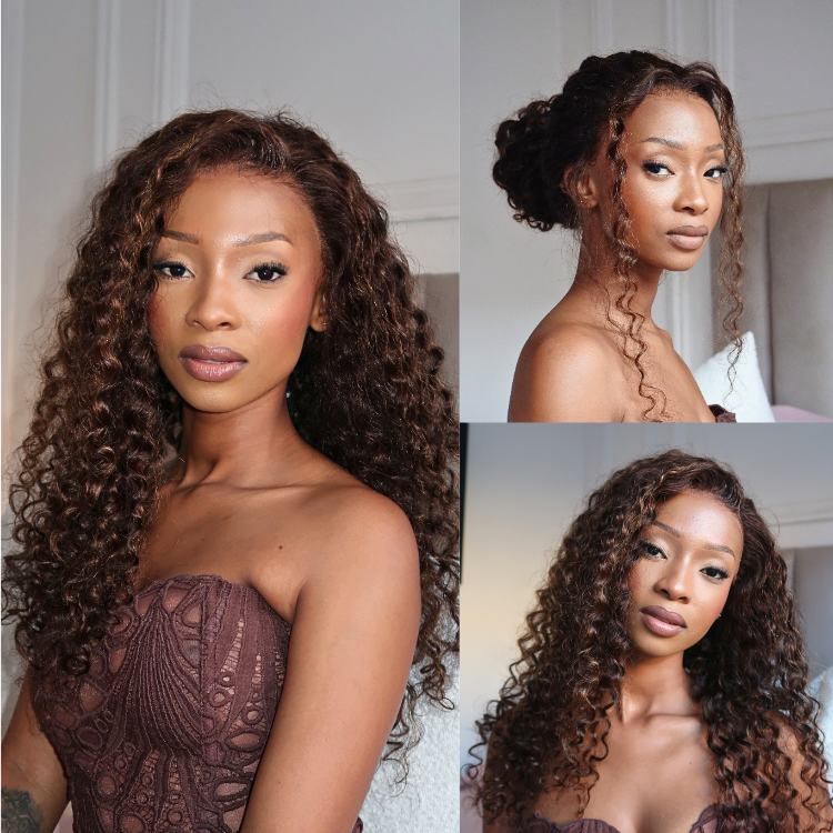 [_tshologumede]'s Special Link VolumeMAX™ 200% Density Brown Highlights Flexi-Fit Invisi Drawstring Cap Glueless 360 Lace Super Natural Hairline Water Wave Free Part 100% Human Hair Wig-18