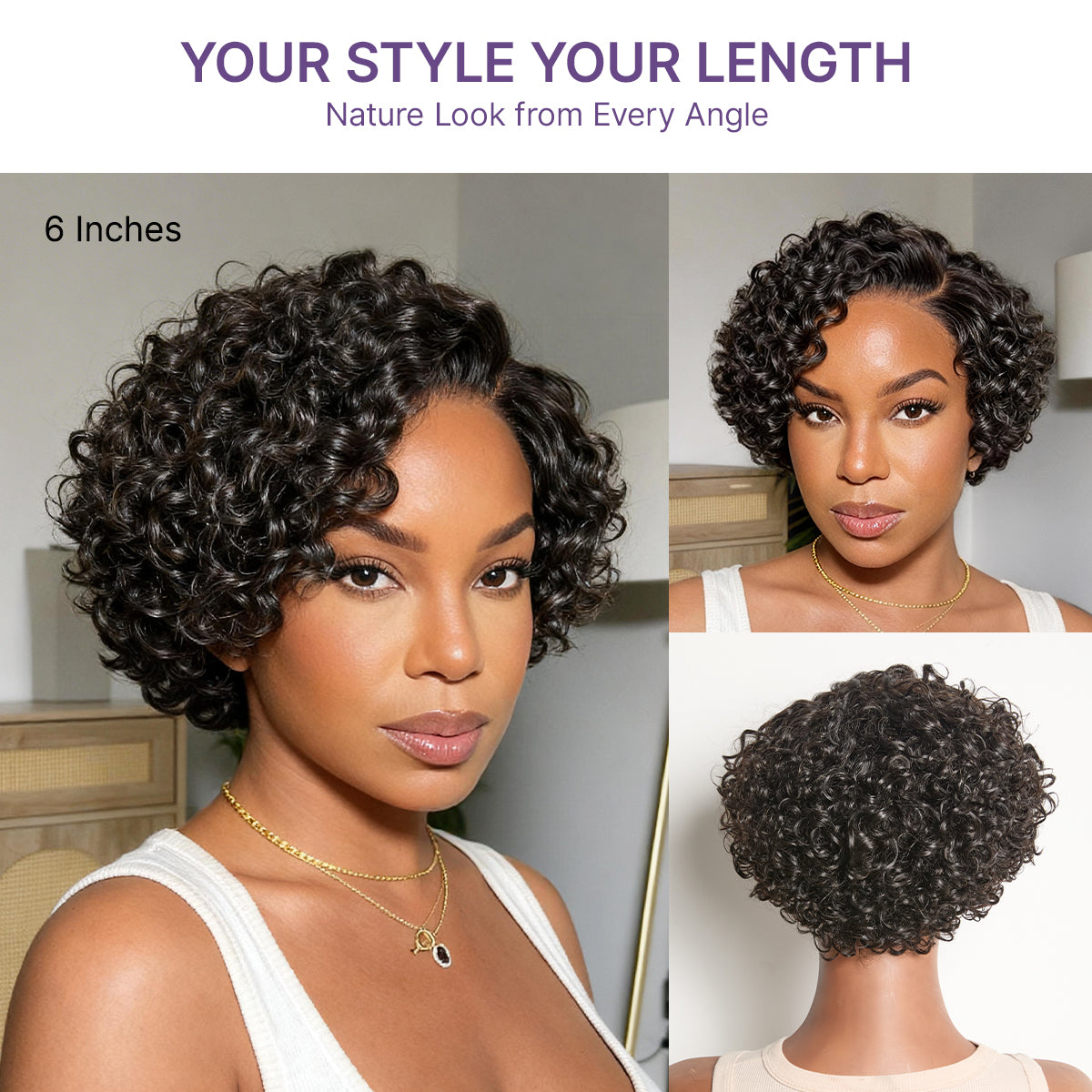 Natural Black / Brown Highlight Water Wave Pixie Cut Glueless Minimalist HD Lace Short Curly Wig-23