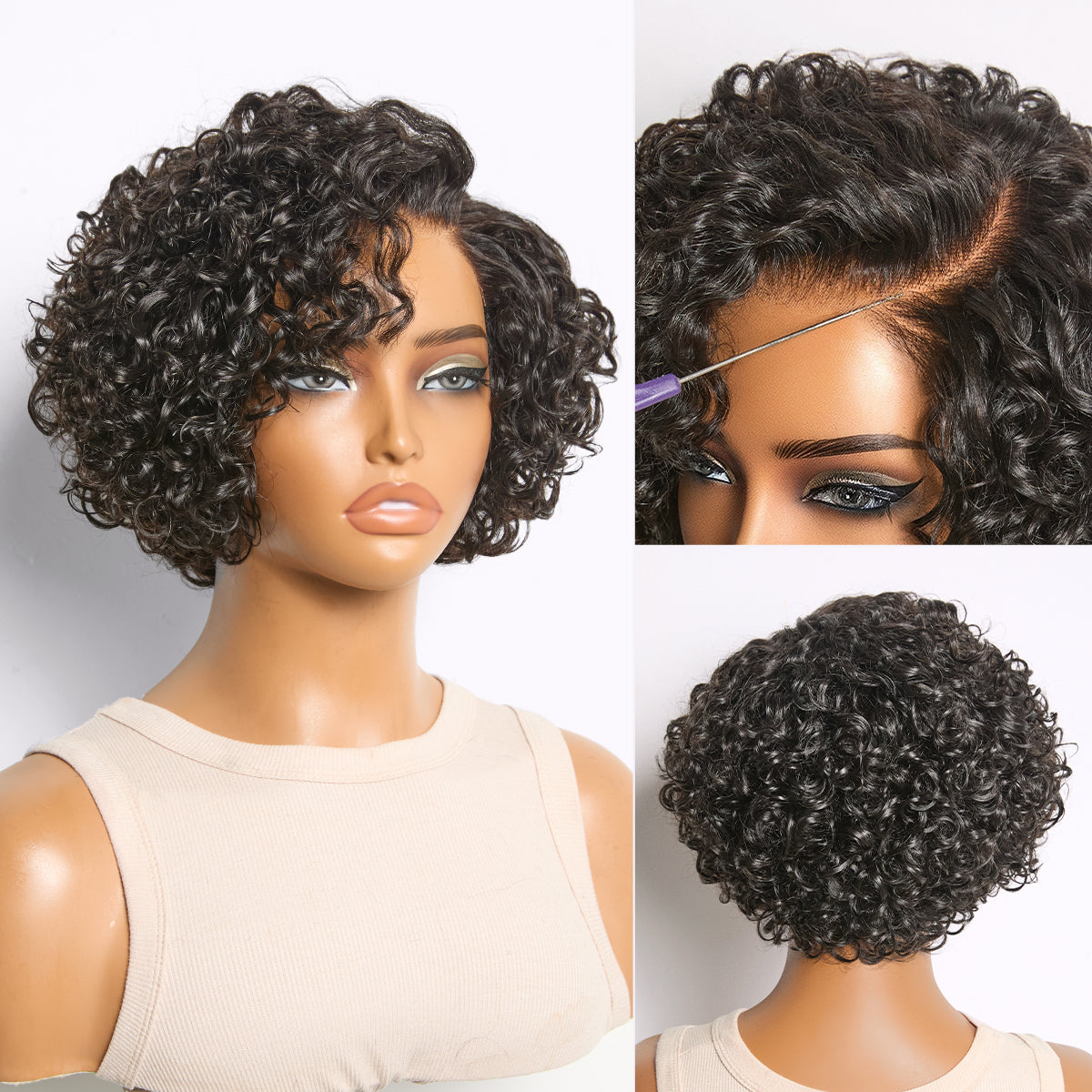 Natural Black / Brown Highlight Water Wave Pixie Cut Glueless Minimalist HD Lace Short Curly Wig-21
