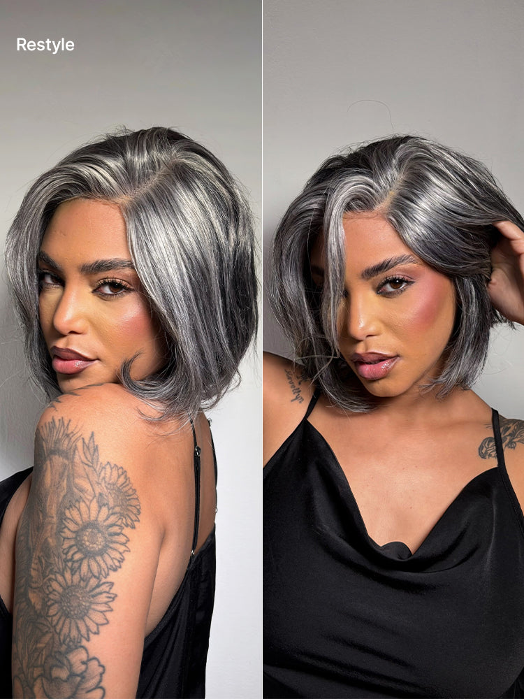 Boss Vibe Salt & Pepper Layered Bob Glueless Pre-Cut Minimalist  HD Lace Grey Wig-03