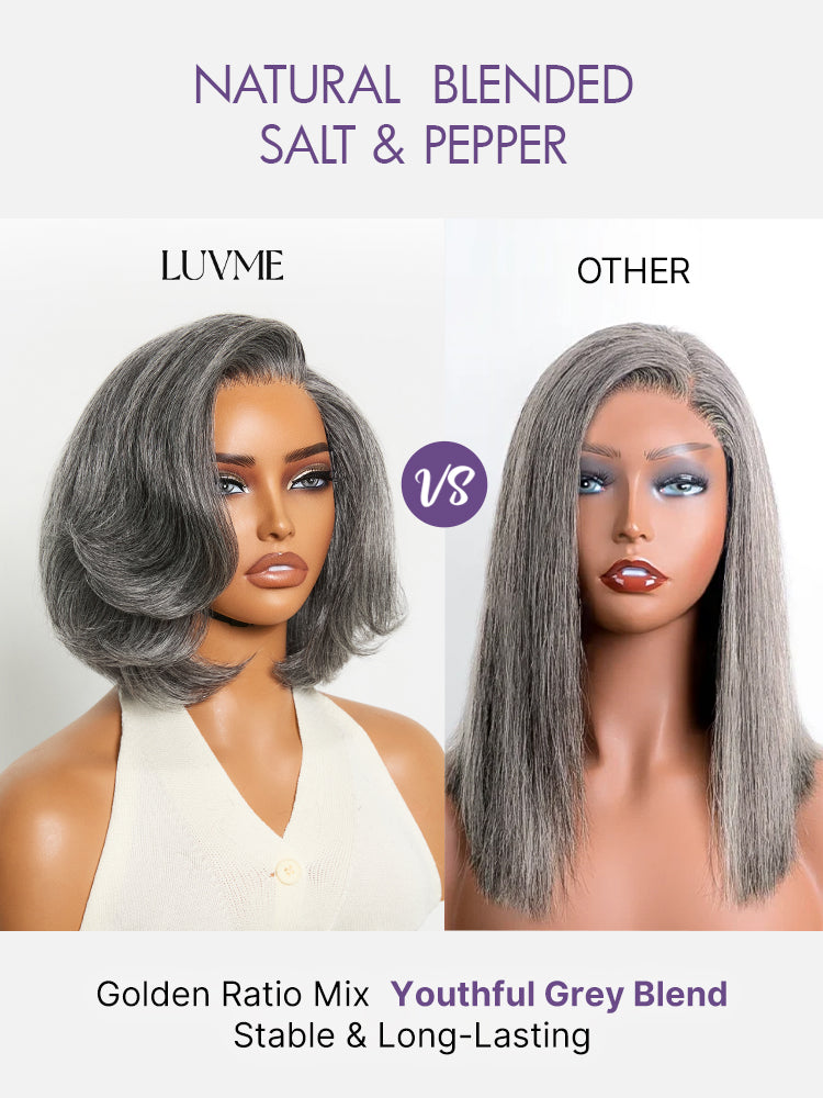 Boss Vibe Salt & Pepper Layered Bob Glueless Pre-Cut Minimalist  HD Lace Grey Wig-06