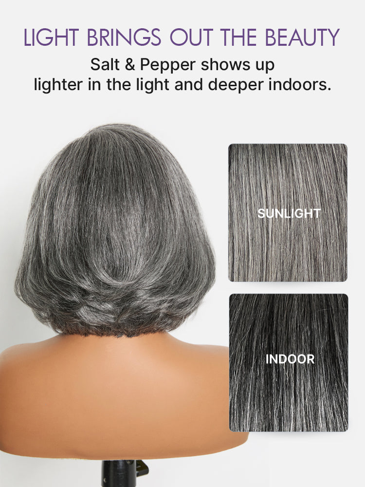 Boss Vibe Salt & Pepper Layered Bob Glueless Pre-Cut Minimalist  HD Lace Grey Wig-09