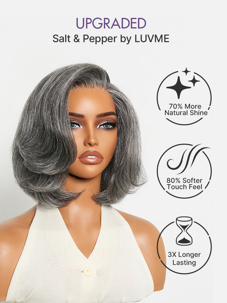 Boss Vibe Salt & Pepper Layered Bob Glueless Pre-Cut Minimalist  HD Lace Grey Wig-04
