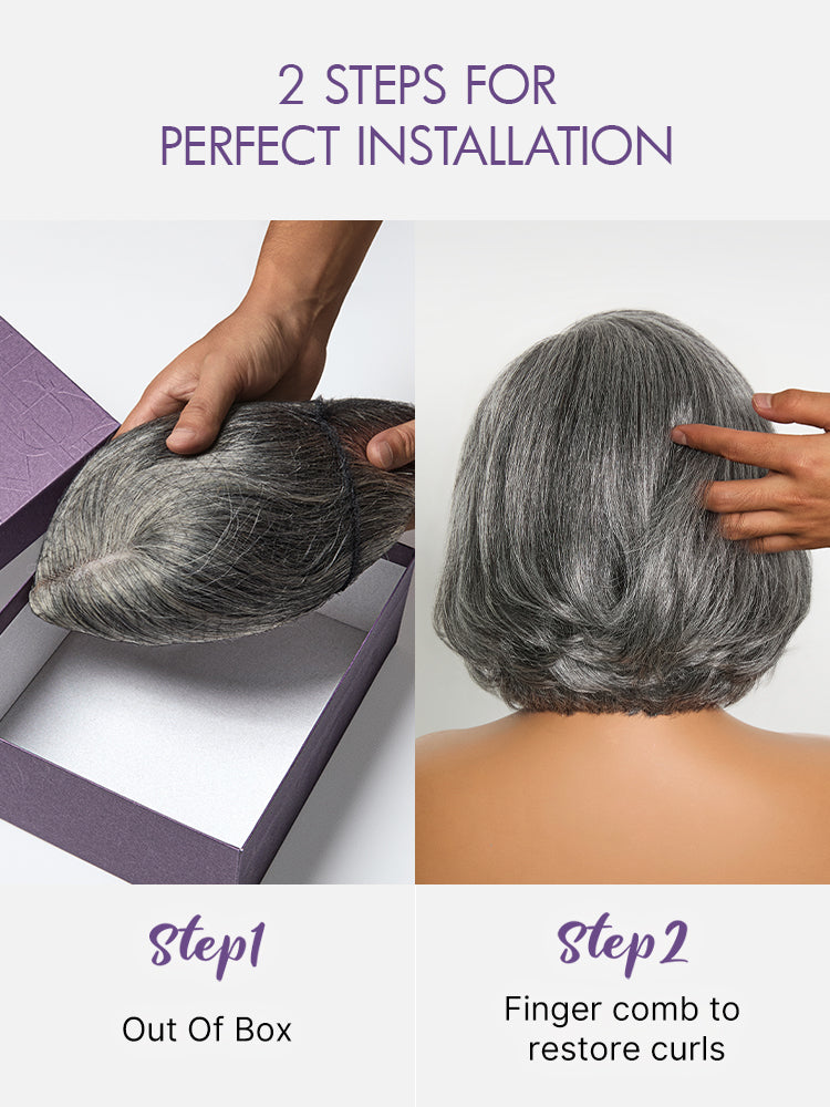 Boss Vibe Salt & Pepper Layered Bob Glueless Pre-Cut Minimalist  HD Lace Grey Wig-07