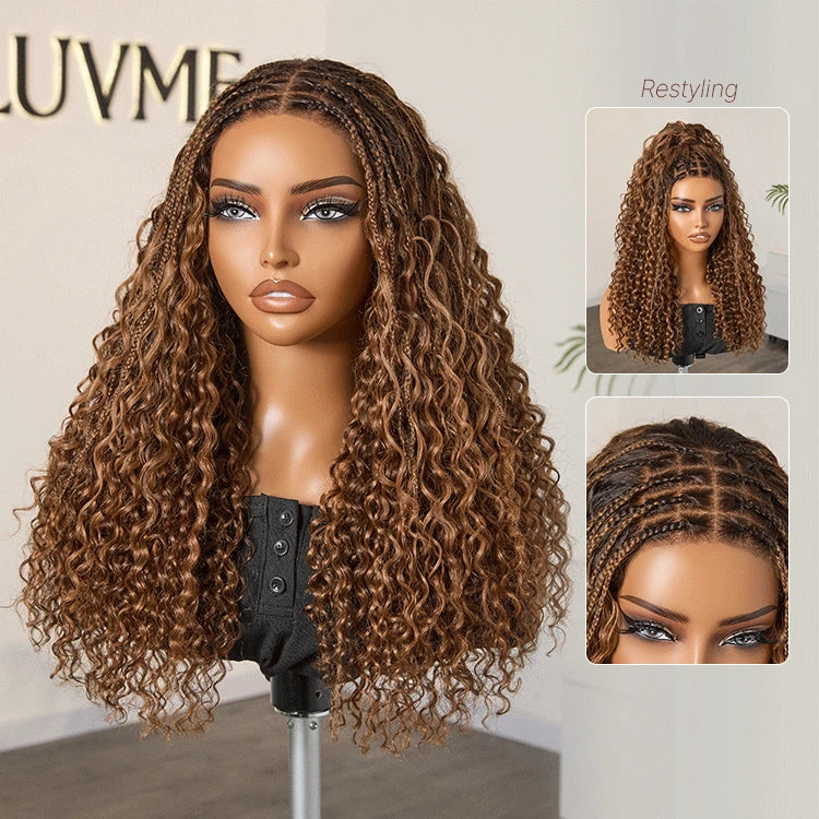 Ombre Brown Highlight Boho Braids Deep Curly Long Wig Glueless 5x5 Closure Lace with Braided Top Human Hair Wig 22 inches Pre-Cut Lace-01