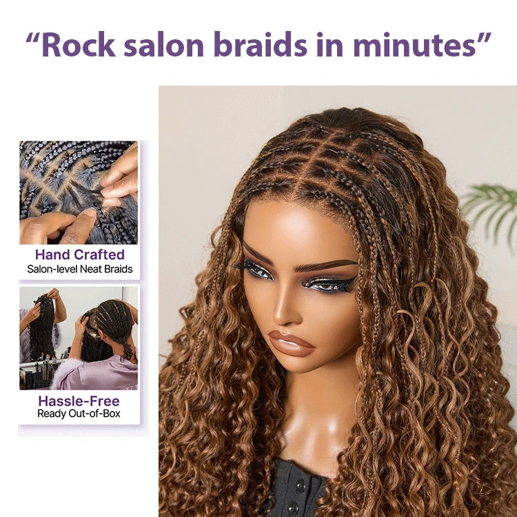 Ombre Brown Highlight Boho Braids Deep Curly Long Wig Glueless 5x5 Closure Lace with Braided Top Human Hair Wig 22 inches Pre-Cut Lace-05