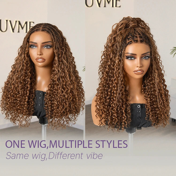Ombre Brown Highlight Boho Braids Deep Curly Long Wig Glueless 5x5 Closure Lace with Braided Top Human Hair Wig 22 inches Pre-Cut Lace-02