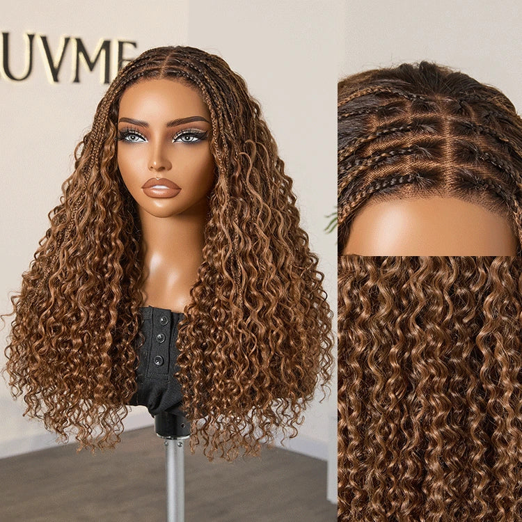Ombre Brown Highlight Boho Braids Deep Curly Long Wig Glueless 5x5 Closure Lace with Braided Top Human Hair Wig 22 inches Pre-Cut Lace-03