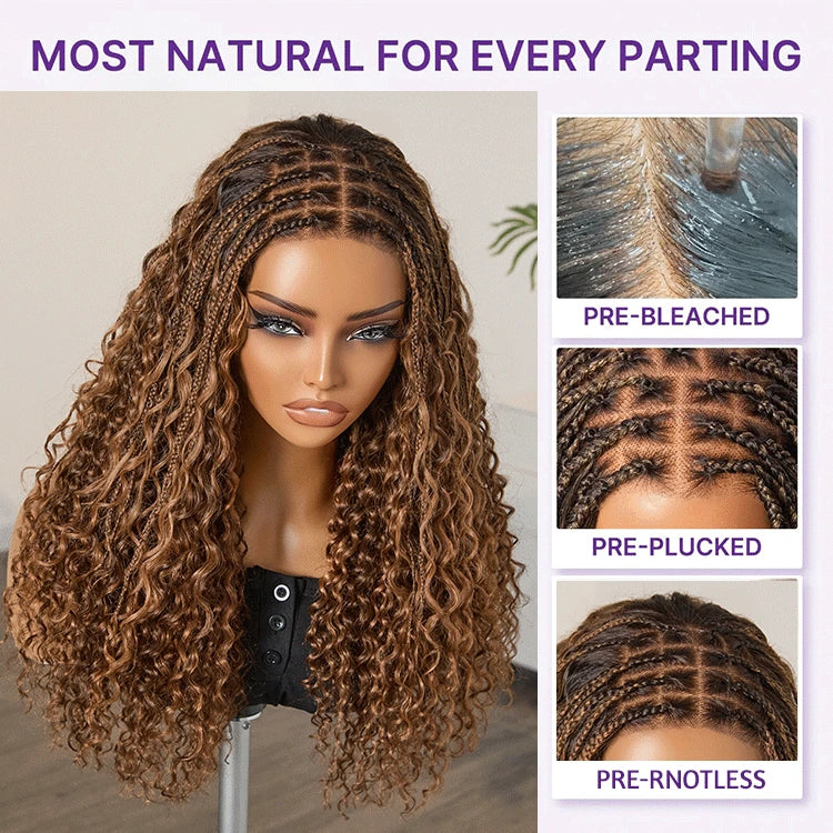 Ombre Brown Highlight Boho Braids Deep Curly Long Wig Glueless 5x5 Closure Lace with Braided Top Human Hair Wig 22 inches Pre-Cut Lace-04
