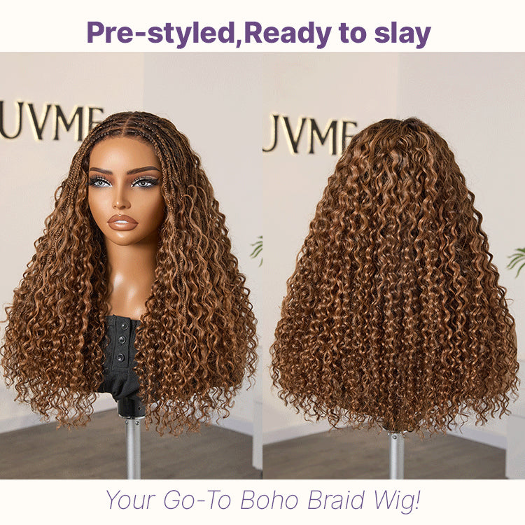 Ombre Brown Highlight Boho Braids Deep Curly Long Wig Glueless 5x5 Closure Lace with Braided Top Human Hair Wig 22 inches Pre-Cut Lace-06