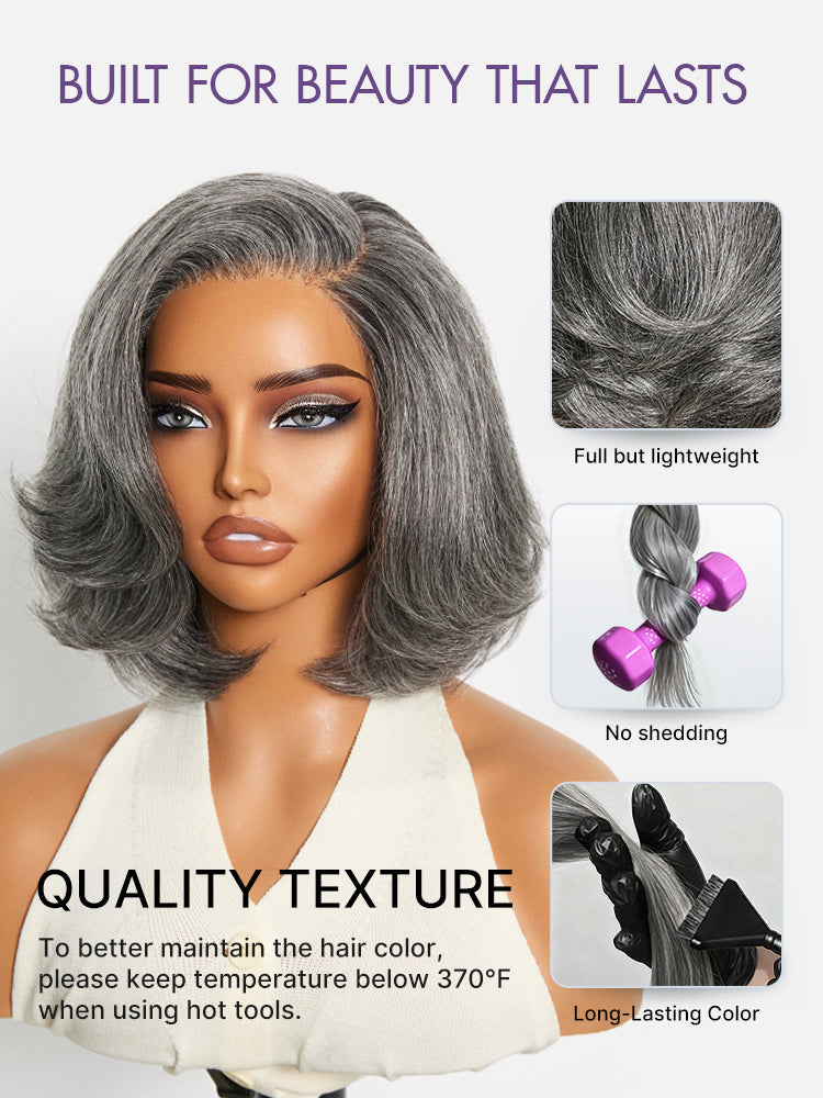 Boss Vibe Salt & Pepper Layered Bob Glueless Pre-Cut Minimalist  HD Lace Grey Wig-05