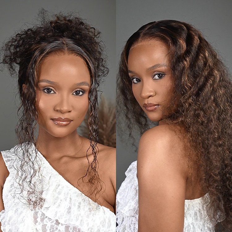 [goose_katai]'s Special Link VolumeMAX™ 200% Density Brown Highlights Flexi-Fit Invisi Drawstring Cap Glueless 360 Lace Super Natural Hairline Water Wave Free Part 100% Human Hair Wig-01