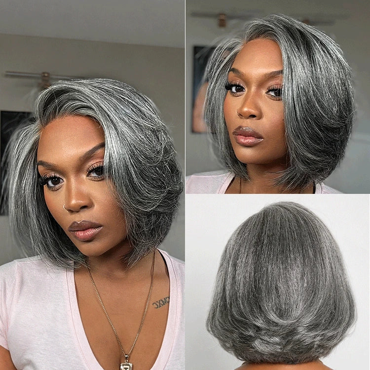 Boss Vibe Salt & Pepper Layered Bob Glueless Pre-Cut Minimalist  HD Lace Grey Wig-19