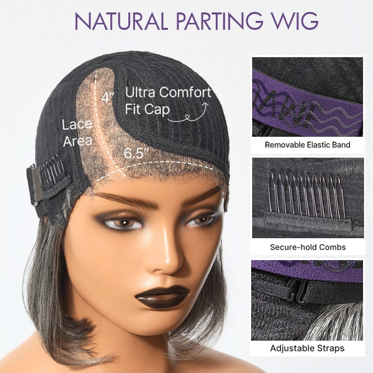 Boss Vibe Salt & Pepper Layered Bob Glueless Pre-Cut Minimalist  HD Lace Grey Wig-20