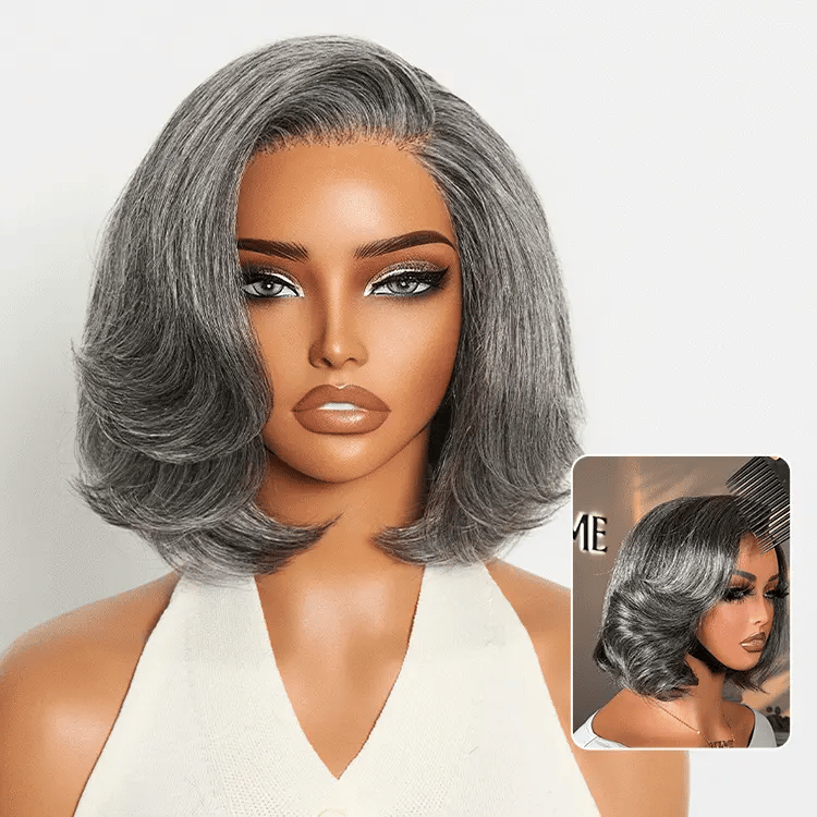 Boss Vibe Salt & Pepper Layered Bob Glueless Pre-Cut Minimalist  HD Lace Grey Wig-21