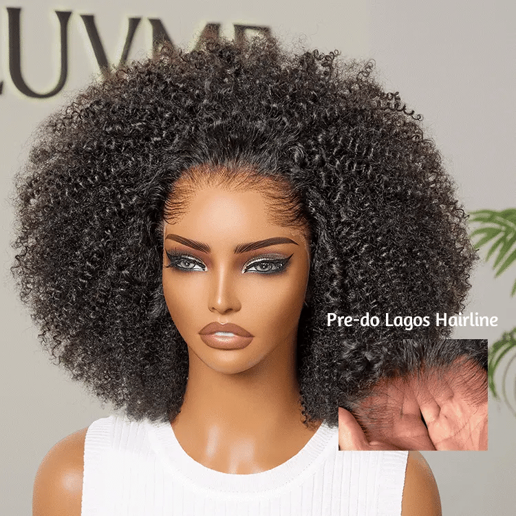 Pre-do Lagos Hairline Flexi Fit Invisi Drawstring Cap 300% Density Natural Black Kinky Curly Glueless 13x4 Frontal HD Lace 12 inches Wig Pre-Cut Lace-02