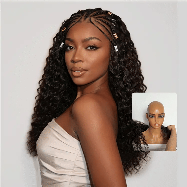 Boho Fulani Braids Water Wave 13x4 Frontal Lace Wig Pre-cut Lace Human Hair-01