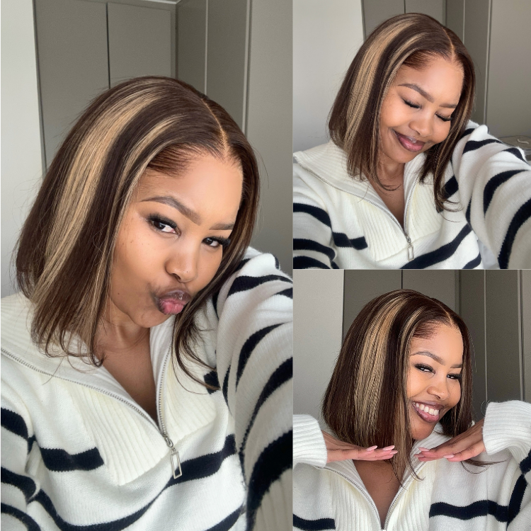 [morokab]'s Special Link Pre-do Lagos Hairline Flexi Fit Invisi Drawstring Cap 200% Density Blonde Highlight & Natural Black Silky Straight Bob Glueless 13x4 Frontal HD Lace Wig Pre-Cut Lace-01