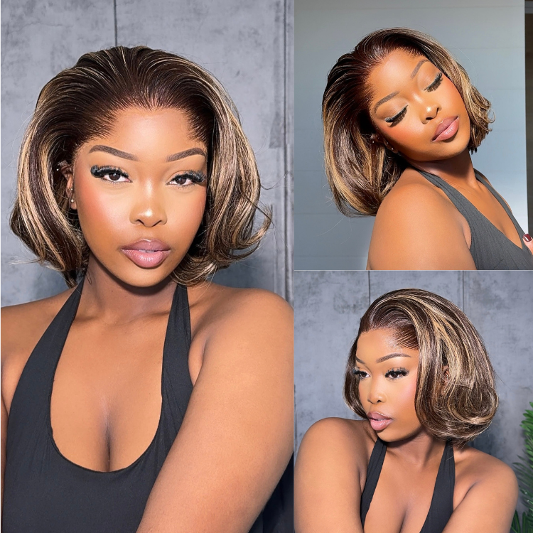 [remofilwe__]'s Special Link Pre-do Lagos Hairline Flexi Fit Invisi Drawstring Cap 200% Density Blonde Highlight & Natural Black Silky Straight Bob Glueless 13x4 Frontal HD Lace Wig Pre-Cut Lace-01