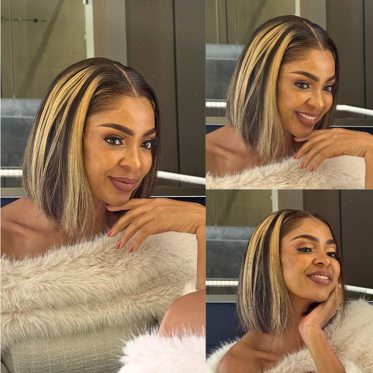 [matapamaila]'s Special Link Pre-do Lagos Hairline Flexi Fit Invisi Drawstring Cap 200% Density Blonde Highlight & Natural Black Silky Straight Bob Glueless 13x4 Frontal HD Lace Wig Pre-Cut Lace-01