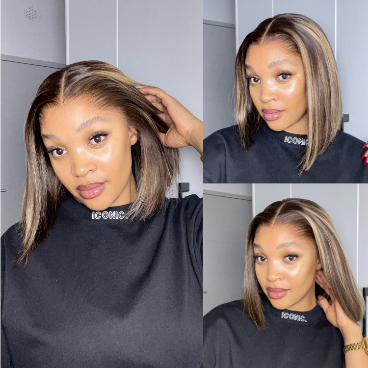 [_zeey_m]'s Special Link Pre-do Lagos Hairline Flexi Fit Invisi Drawstring Cap 200% Density Blonde Highlight & Natural Black Silky Straight Bob Glueless 13x4 Frontal HD Lace Wig Pre-Cut Lace-01