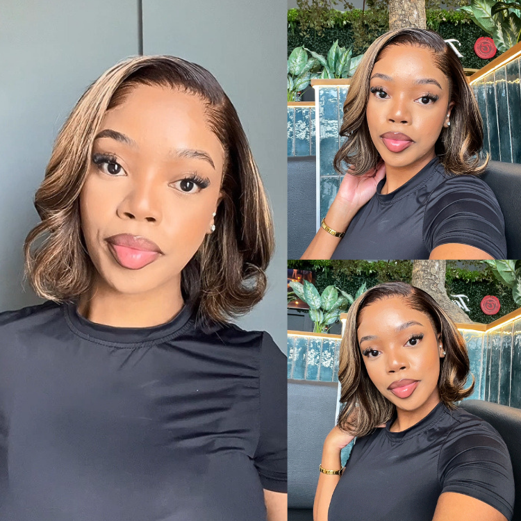 [macaroonstan]'s Special Link Pre-do Lagos Hairline Flexi Fit Invisi Drawstring Cap 200% Density Blonde Highlight & Natural Black Silky Straight Bob Glueless 13x4 Frontal HD Lace Wig Pre-Cut Lace-01