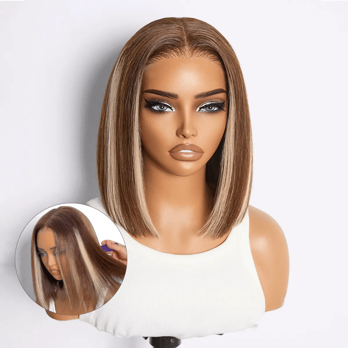 Ash Blonde Highlight Glueless 5x5 HD Closure Lace Bob Wig Pre-Cut Lace Flexi-Fit Drawstring Cap-18