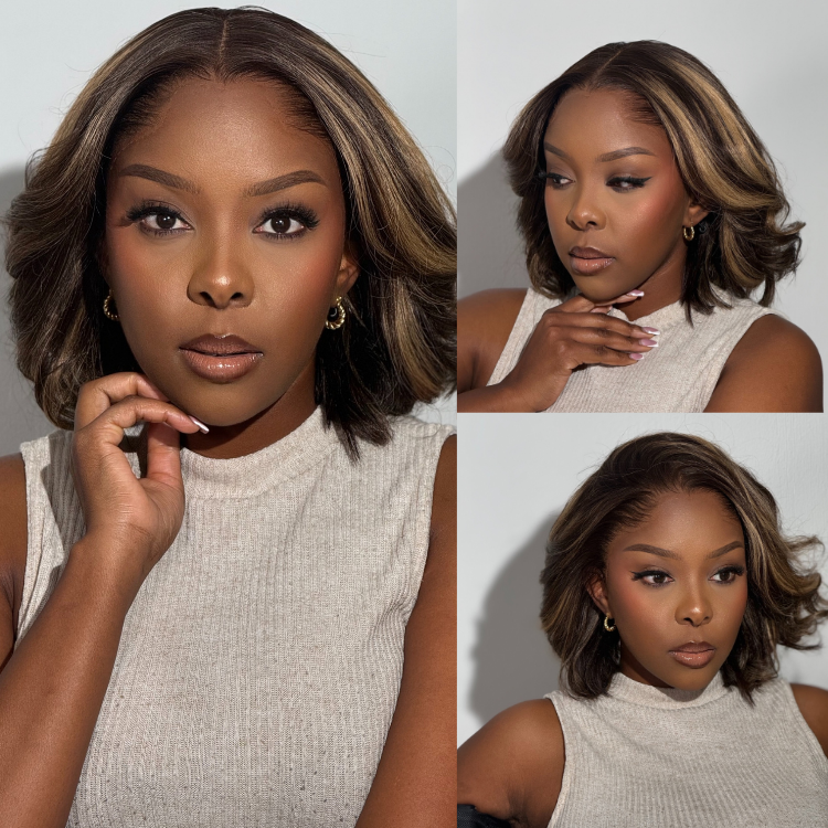 [Jenna]'s Special Link Pre-do Lagos Hairline Flexi Fit Invisi Drawstring Cap 200% Density Blonde Highlight & Natural Black Silky Straight Bob Glueless 13x4 Frontal HD Lace Wig Pre-Cut Lace-01