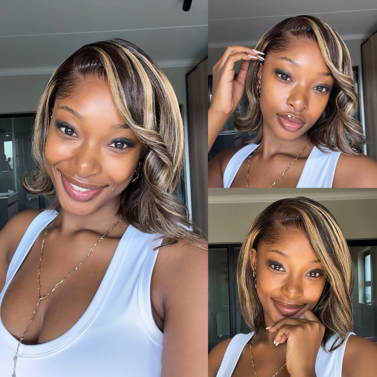 [kealeboga_masango]'s Special Link Pre-do Lagos Hairline Flexi Fit Invisi Drawstring Cap 200% Density Blonde Highlight & Natural Black Silky Straight Bob Glueless 13x4 Frontal HD Lace Wig Pre-Cut Lace-01