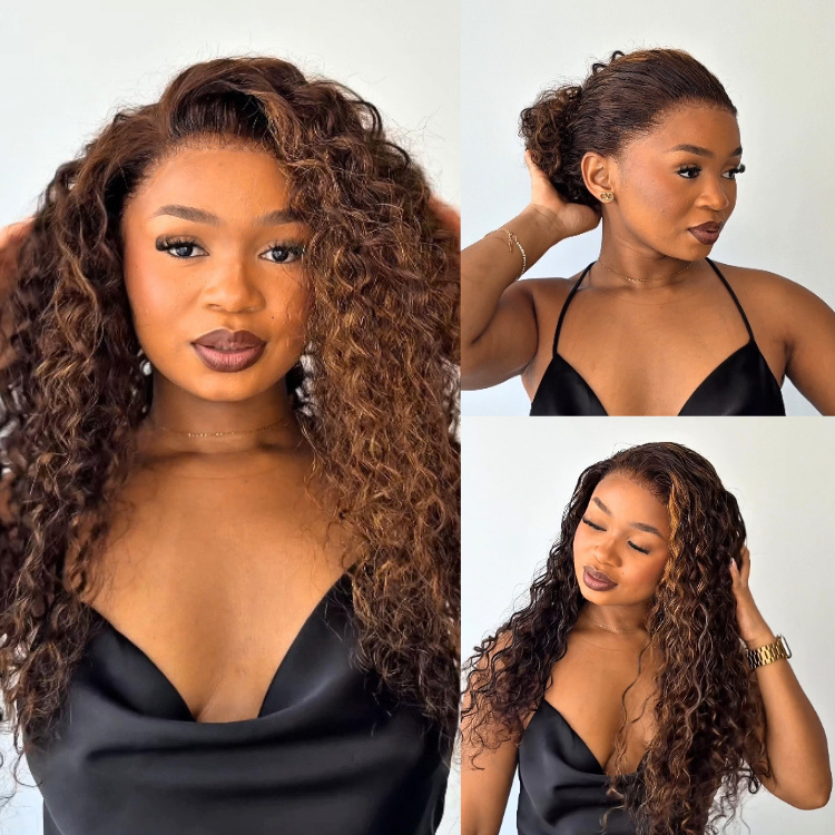 [lisanyongo]'s Special Link VolumeMAX™ 200% Density Brown Highlights Flexi-Fit Invisi Drawstring Cap Glueless 360 Lace Super Natural Hairline Water Wave Free Part 100% Human Hair Wig-01