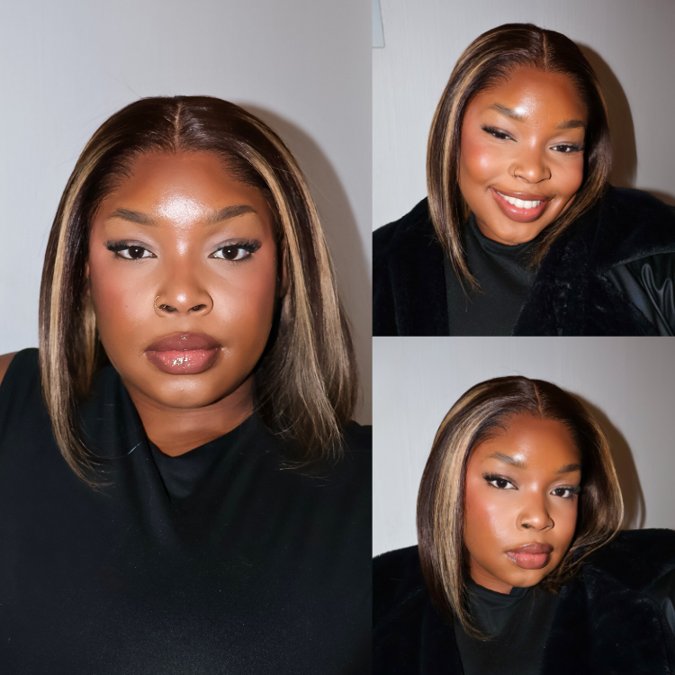 [nalohmzize]'s Special Link Pre-do Lagos Hairline Flexi Fit Invisi Drawstring Cap 200% Density Blonde Highlight & Natural Black Silky Straight Bob Glueless 13x4 Frontal HD Lace Wig Pre-Cut Lace-01