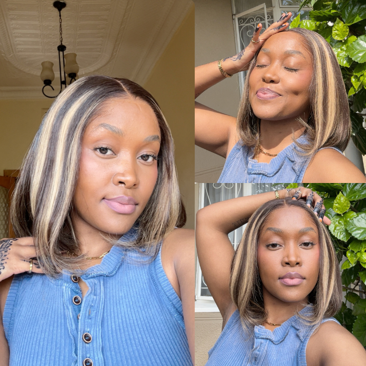 [caiah.m]'s Special Link Pre-do Lagos Hairline Flexi Fit Invisi Drawstring Cap 200% Density Blonde Highlight & Natural Black Silky Straight Bob Glueless 13x4 Frontal HD Lace Wig Pre-Cut Lace-01