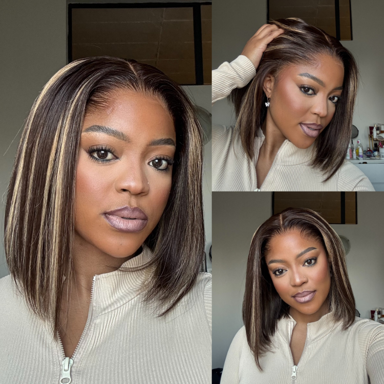 [boits_diale]'s Special Link Pre-do Lagos Hairline Flexi Fit Invisi Drawstring Cap 200% Density Blonde Highlight & Natural Black Silky Straight Bob Glueless 13x4 Frontal HD Lace Wig Pre-Cut Lace-01