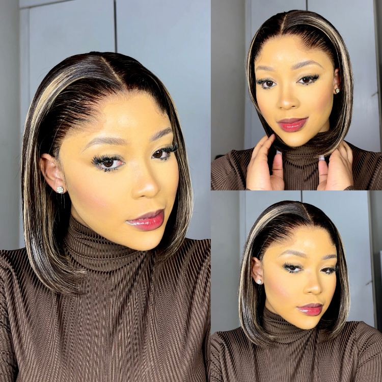 [lesa_molapo]'s Special Link Pre-do Lagos Hairline Flexi Fit Invisi Drawstring Cap 200% Density Blonde Highlight & Natural Black Silky Straight Bob Glueless 13x4 Frontal HD Lace Wig Pre-Cut Lace-01
