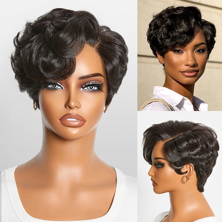 Beginner Friendly Natural Black Lightweight Roll Curl Glueless Minimalist HD Lace Short Pixie Cut Wig Pre Cut Lace-01