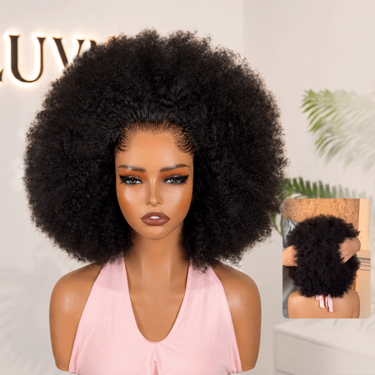 Pre-do Lagos Hairline Flexi Fit Invisi Drawstring Cap 250% Density Natural Black Kinky Curly Glueless 13x4 Frontal HD Lace 12 inches Wig Pre-Cut Lace-16