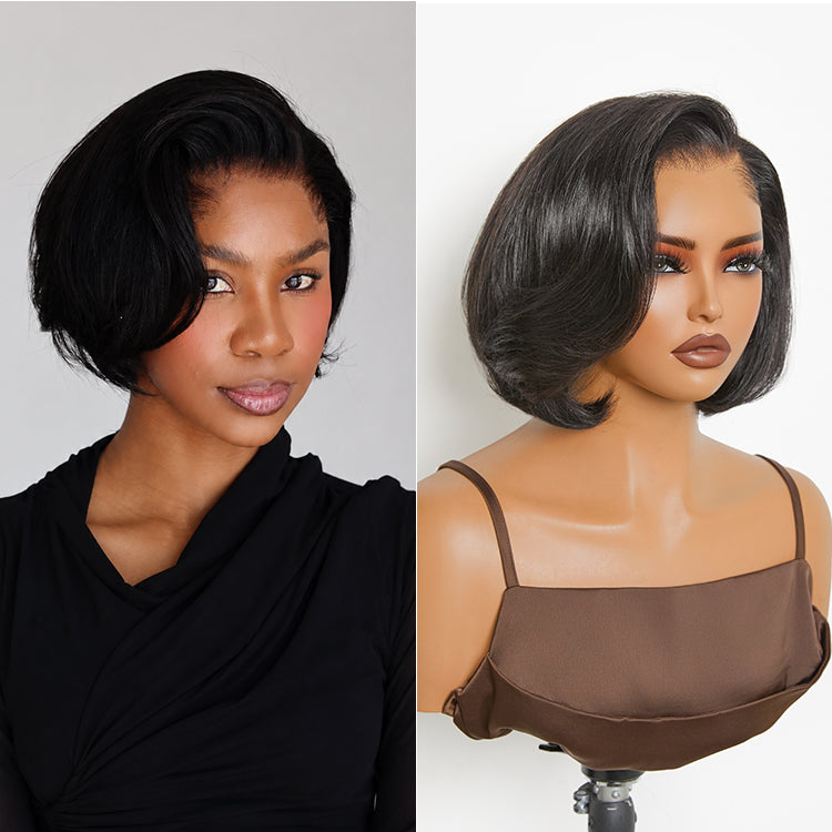 [pedibae]'s Special Link Pre-do Lagos Hairline Flexi Fit Invisi Drawstring Cap 180% Density Natural Black Pixie Cut Bob Glueless 13x4 Frontal HD Lace Wig 08 Inches-11