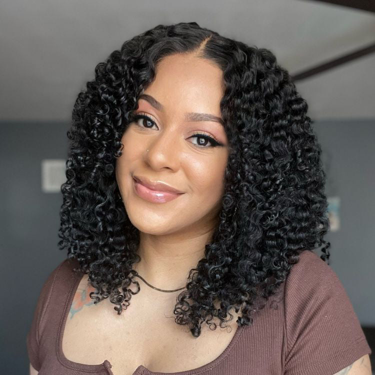 Outlet | Natural Black Fluffy Jerry Curl Glueless 5x5 Closure Lace Wig Pre-cut Lace-04
