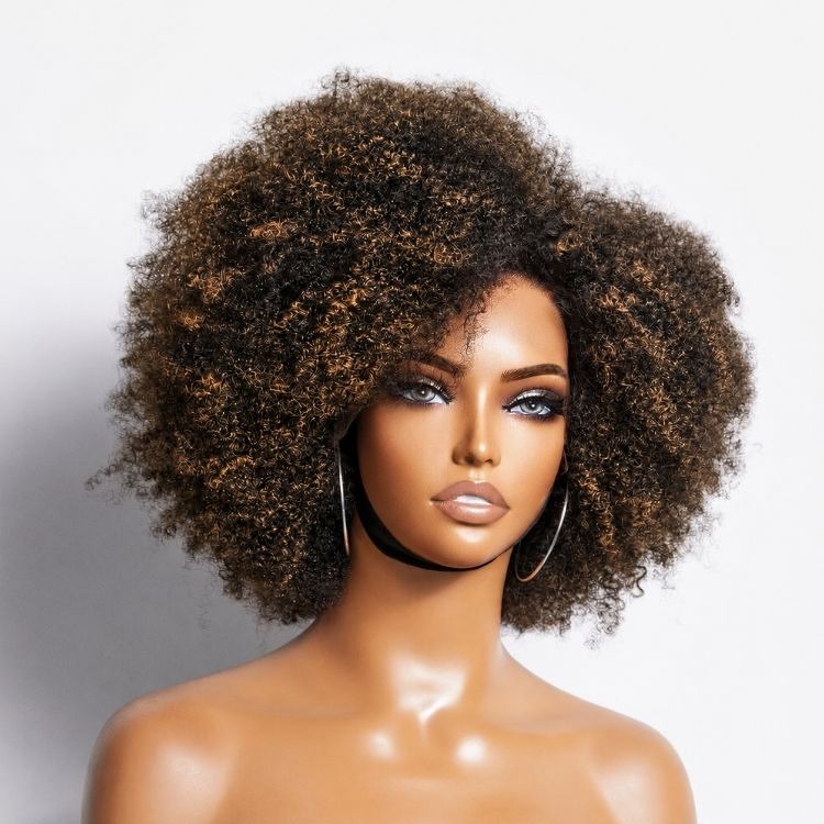Worth | Retro & Vintage Side Part Brown Highlight Afro Curl Bouncy Glueless 5*5 Lace Wig-01