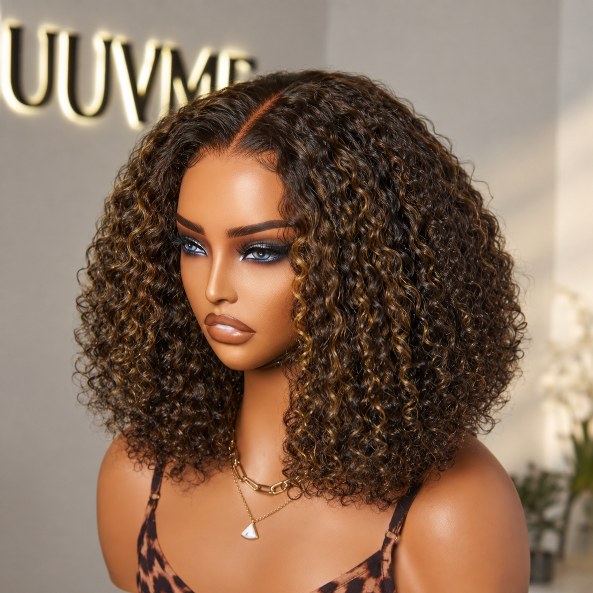Outlet | Brown Highlights Funmi Curly Glueless 5x5 Closure Lace Curly Wig-01