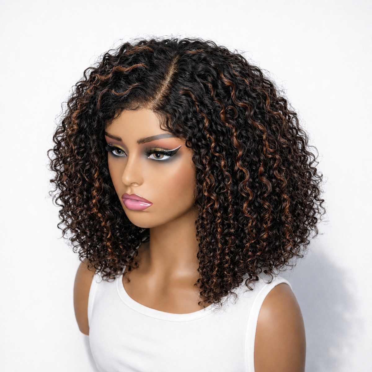 Outlet | Highlight Brown Short Cut Curly Minimalist Lace Wig-01