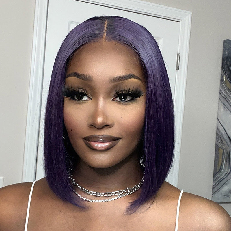 Outlet | Silk Straight Natural Black/ Purple Bob Glueless 4x4 Closure Lace Wig-03