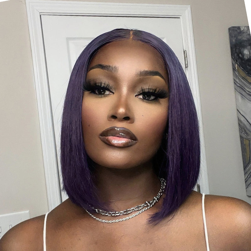 Outlet | Silk Straight Natural Black/ Purple Bob Glueless 4x4 Closure Lace Wig-02