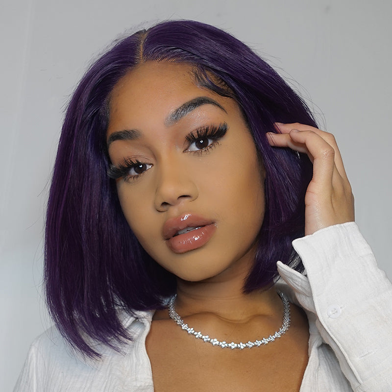 Outlet | Silk Straight Natural Black/ Purple Bob Glueless 4x4 Closure Lace Wig-01