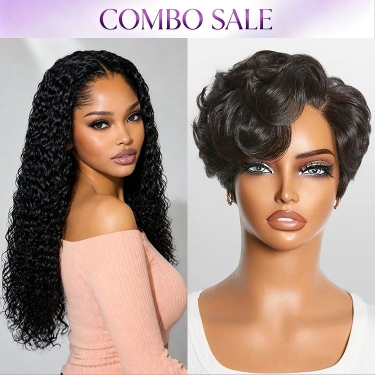 2 For 1 | Pre-do Lagos Hairline Flexi Fit Invisi Drawstring Cap 200% Density New Fummi Curly Glueless 13x4 Frontal Lace Wig+Beginner Friendly Natural Black Lightweight Roll Curl Glueless Minimalist HD Lace Short Pixie Cut Wig-04