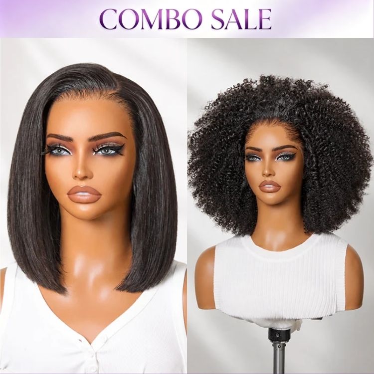 2 For 1 | NatureMAX™ Silky Blunt Cut Bob Glueless Ear-to-ear 13x4 HD Lace Front Wig + Pre-do Lagos Hairline Flexi Fit Invisi Drawstring Cap 250% Density Kinky Curly Glueless 13x4 Frontal HD Lace Wig-03